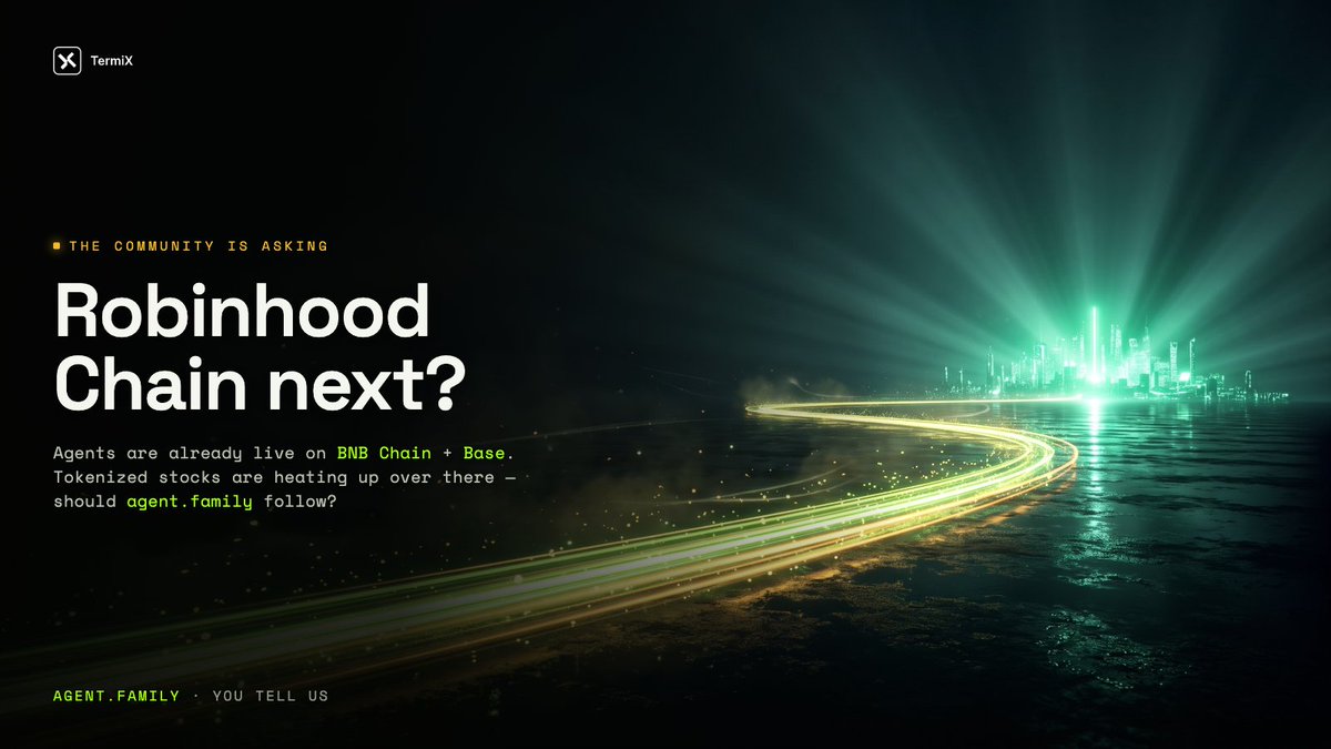 termix_ai's tweet photo. The community keeps sending us the same message: "When Robinhood Chain?" 👀

Tokenized stocks and RWA are heating up over there — and agents that trade, hedge & settle on-chain would feel right at home.

https://t.co/E0fcWuSSt6 already runs on BNB Chain + Base. Should Robinhood Chain be next?

🟢 = let's go · 🤔 = not yet