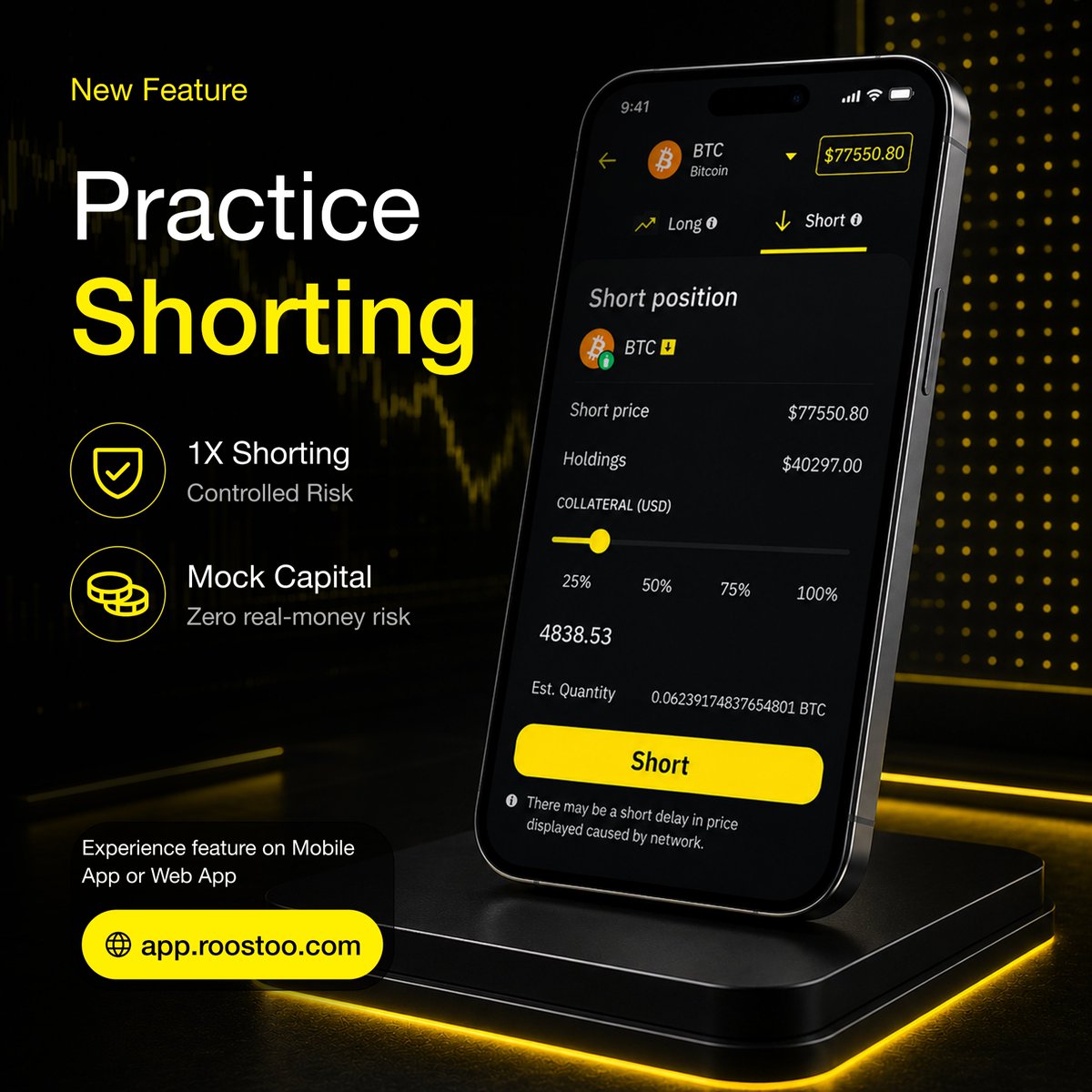 roostooAI's tweet photo. Shorting is now available on the Roostoo Simulator app 🎉

Before, you could only trade when you believed an asset would go up.

Now, you can also test what happens when you believe an asset will go down.

We’ve kept shorting at 1× to help keep the risk under control. And because you’re using mock capital, you can test different strategies without risking your real money.

Log in to the app to experience it now