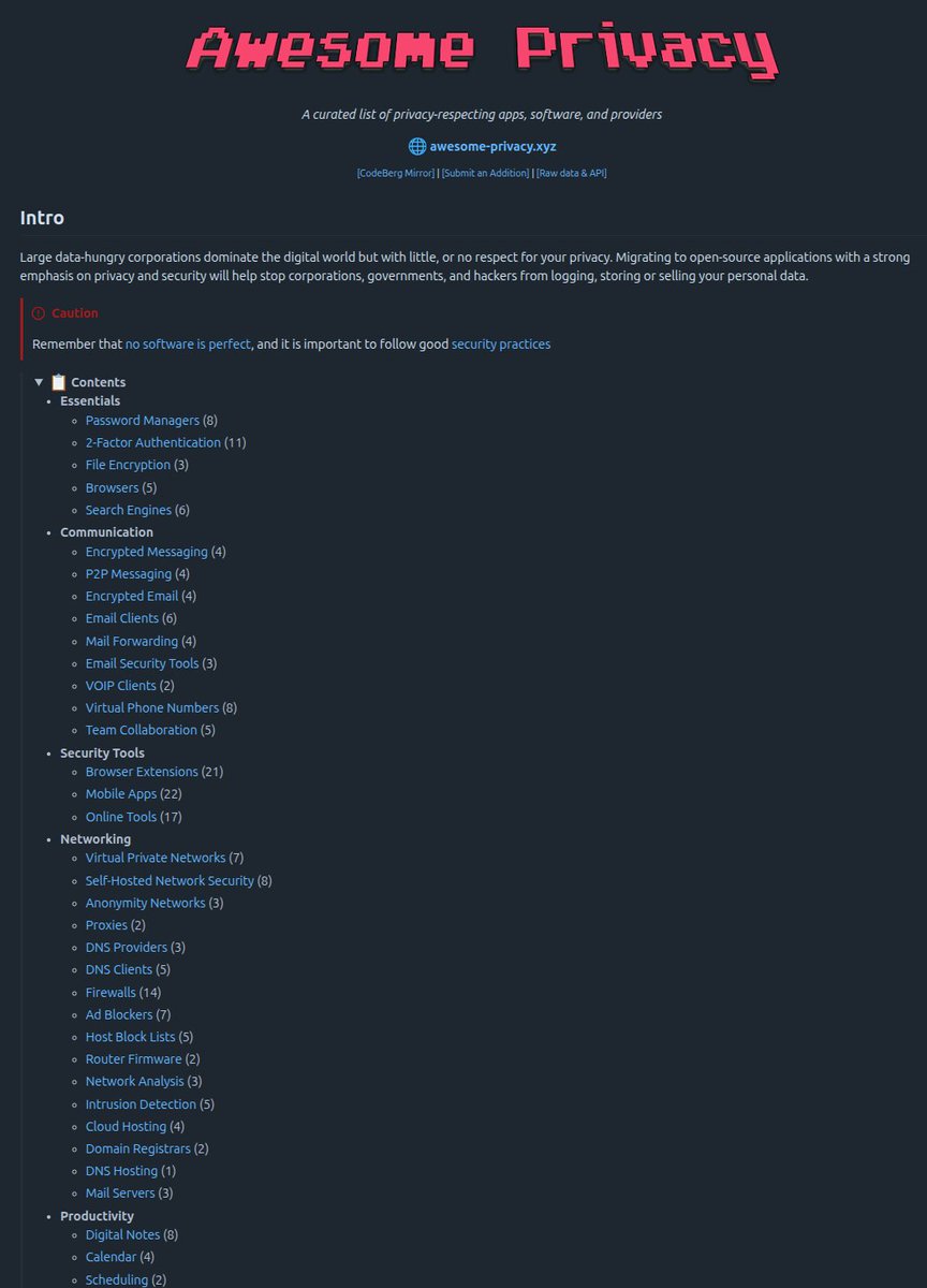 CR1337's tweet photo. Corporations, governments and bad actors hate it, you should embrace it:

'Awesome Privacy', a curated list of privacy-respecting apps, software, and providers with a strong emphasis on privacy &amp; security: https://t.co/c3gMRi1W8r
