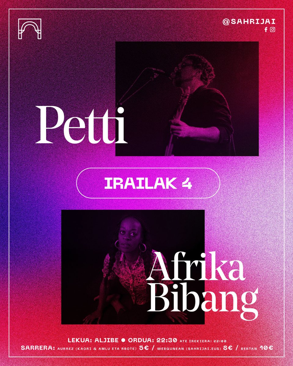 VillabonaUdala's tweet photo. Zuzeneko musika bueltan da Villabonako Aljibean!
Gaur gaueko 22:30etatik aurrera PETTI eta AFRIKA BIBANG musikari eta abeslari ezagunak izango ditugu Aljibeko oholtza gainean.
Animatu eta zatoz kontzertuekin gozatzera!
#Kultura #Musika #Aljibea #AmasaVillabona https://t.co/SAhHvItSuG