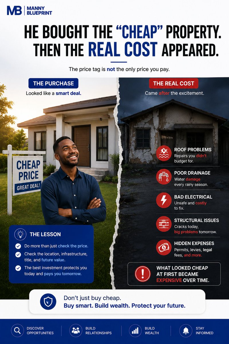 mannyblueprint's tweet photo. An investor bought land at ₦700k/plot (market rate: ₦2-3M). 
3 years and ₦4.5M later — still no buildable land.
No due diligence. 
Shaky title.
 Hidden levies.
 No exit plan.
Cheap land isn't a deal. It's a discount on problems you haven't found yet.
#RealEstateNigeria #manny https://t.co/WFl7OQ4YPk