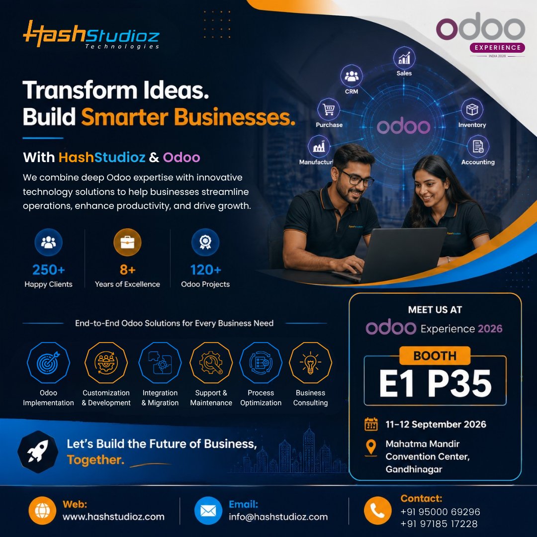 HashStudioz's tweet photo. Transform Ideas. Build Smarter Businesses with HashStudioz &amp; Odoo!

We’re excited to be part of @Odoo  Experience India 2026!

📍 Gandhinagar | 📅 11–12 Sept 2026
📌 Booth E1 P35
📞 +91 95000 69296 | +91 97185 17228
🌐 https://t.co/hWDUizhQTZ

#OdooExperience2026 #Odoo #ERP https://t.co/UTHKDkZdxL
