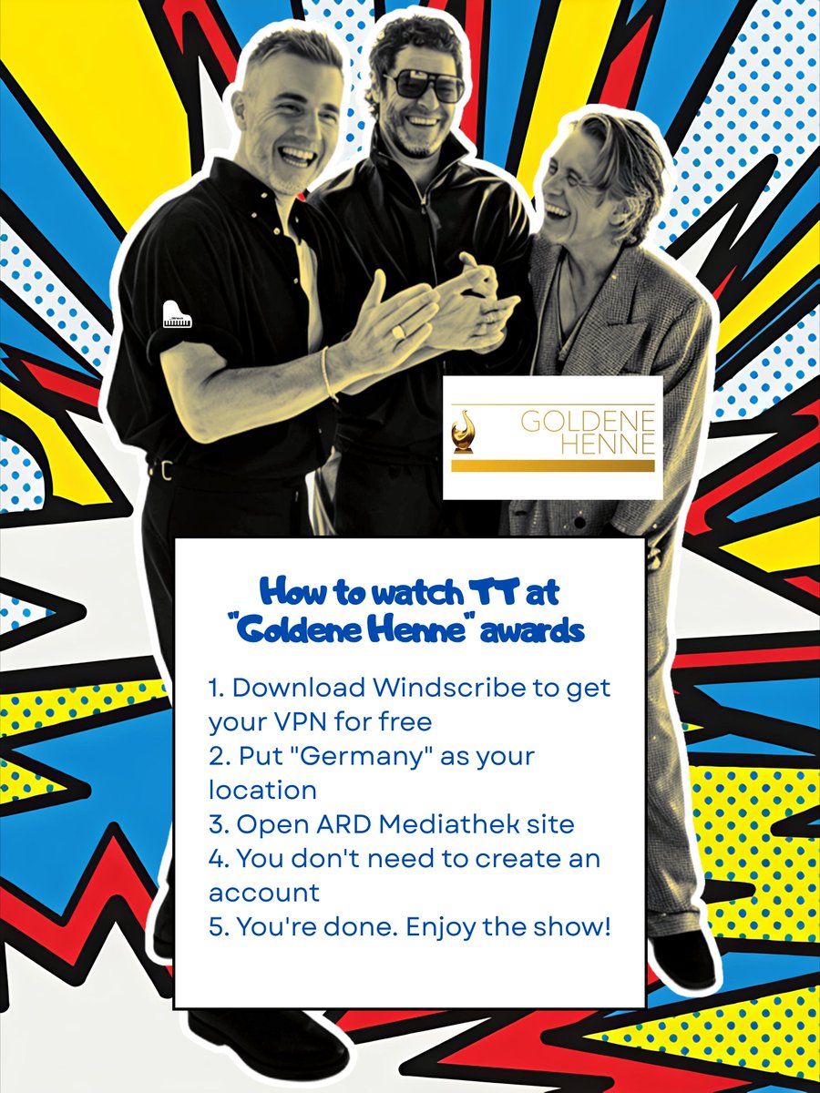_MrsOrange's tweet photo. Do you want to watch @takethat tonight at the "Goldene Henne" awards from 8:15 (7:15 UK time)? Here's the instructions + link: 
https://t.co/f6kCSLC26b

It looks like they are the opening act of the ceremony! @GaryBarlow https://t.co/bkda95ByRg
