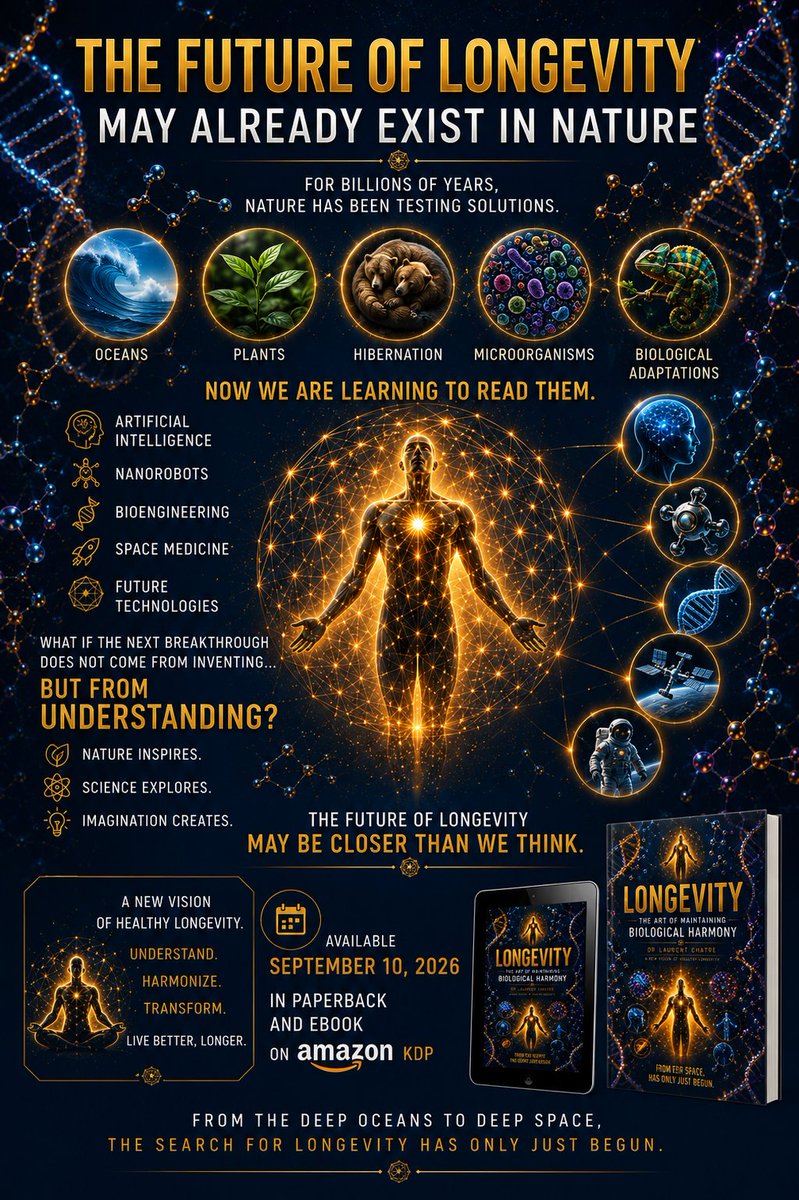 DrLaurentChatre's tweet photo. What if the #future of #longevity already exists in #nature?
🌊 #Oceans🌿 #Plants 🐻 #Hibernation 🚀 #Space
We are only beginning to read the answers.
📖 September 10, 2026 (next thursday!) https://t.co/tjr97ImbR0