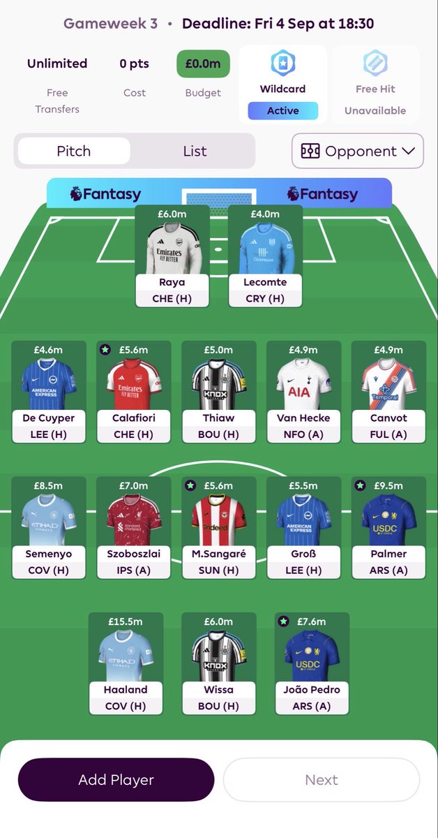 PivotFPL's tweet photo. Flip flopping on wildcard is coming to an end. Current draft has:

- Semenyo for potential longer term minutes 
- No Konsa 😬 leaving a spot for Saka
- Focus on value Defcon defenders 

#FPL https://t.co/cobi4NjGRG