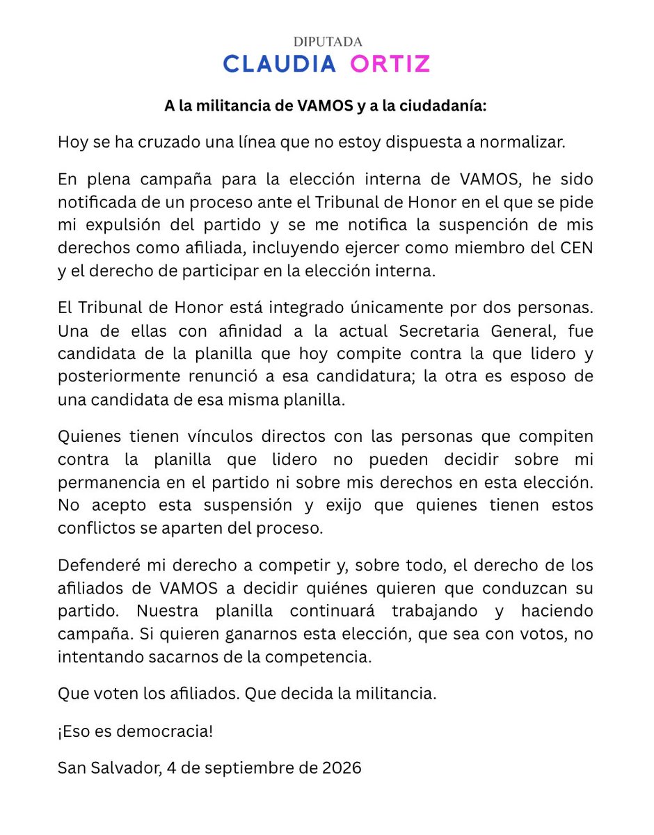ClaudiaOrtizSV's tweet photo. ALERTA afiliados de VAMOS: 

El grupito que tiene secuestrado al partido y no lo deja crecer ni avanzar intenta bloquearnos pero no lo vamos a permitir. https://t.co/ZQxEVEvTWS