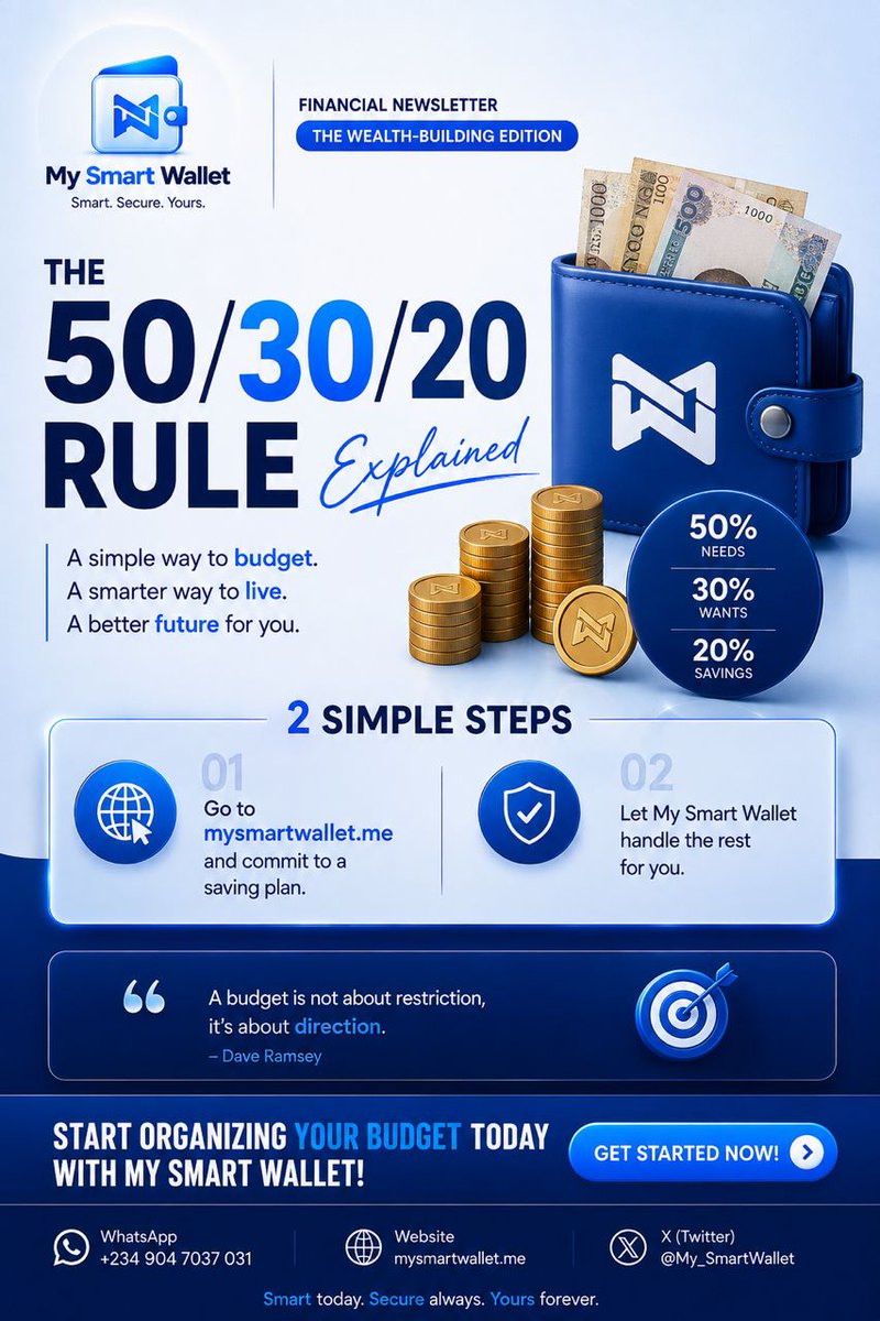 My_Smartwallet's tweet photo. 💙 Your Money Needs a Plan.

The 50/30/20 rule gives every Naira and Dollar a purpose

50% for needs, 30% for wants, and 20% for your future 🎁

Don’t just earn. Plan. Save and Grow

👉 Go to https://t.co/x4CFzGXIRm

#MySmartWallet #SmartSavings #Bitcoin https://t.co/Fliv4HzZjK
