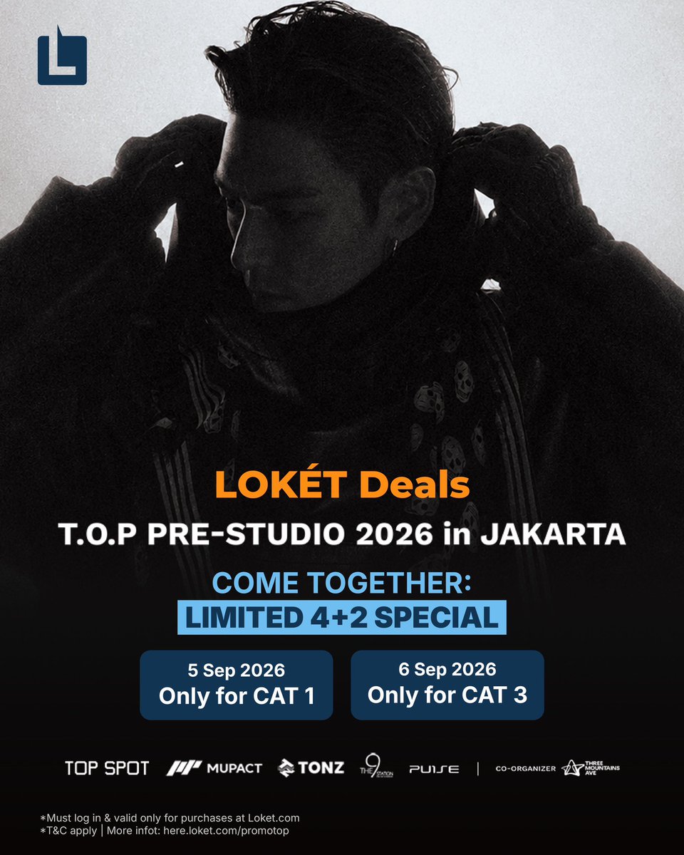 infoordal_id's tweet photo. GESSS CUMA 2 HARI!! Ada promo spesial buat kalian yang mau ketemu T.O.P di Jakarta! 🔥🔥

Beli 4 tiket, langsung dapetin 2 tiket tambahan buat T.O.P PRE-STUDIO 2026 in JAKARTA 😍🎟️

Promotor: @TONZentofficial 
Co-Organizer: @TMA_ID https://t.co/S1gsj4cdOm