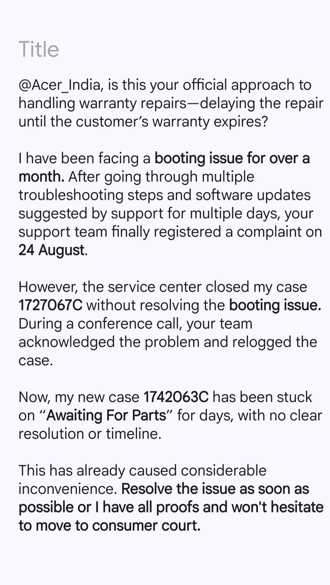Rawnkee3's tweet photo. @Acer_India @Acer
 @Acer_India

URGENT WARRANTY ESCALATION 🚨

@consaff
@jagograhakjago #ConsumerRights #ConsumerComplaint #CustomerService #ConsumerProtection https://t.co/n8Fqj0z7Sv