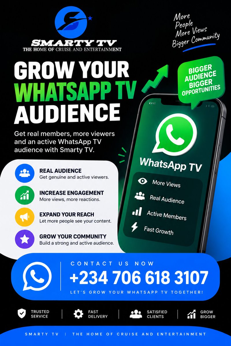 Temi_tidey's tweet photo. 🚀 Want to Reach More People on WhatsApp?
Your content deserves more than just a few views. With Smarty TV WhatsApp TV Influencing, you can put your brand, business, entertainment, news, or content in front of a wider and more active WhatsApp audience. https://t.co/5ClN2ntjmz https://t.co/W4Lb4peiet