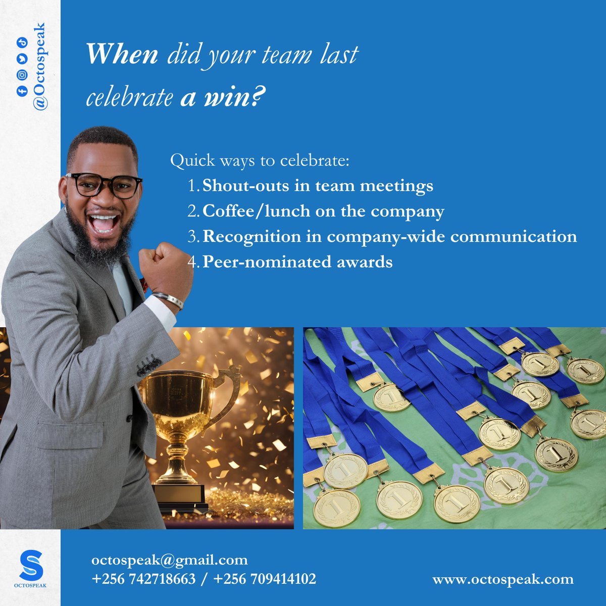 octospeak's tweet photo. When did your team last celebrate a win? 

A simple shout out, team lunch, or recognition can boost morale and engagement.
Celebrating the wins builds stronger teams. 
How does your team celebrate wins?
Share your thoughts.
#Octospeak #EmployeeEngagement #teamsuccess https://t.co/be6QR39gS9