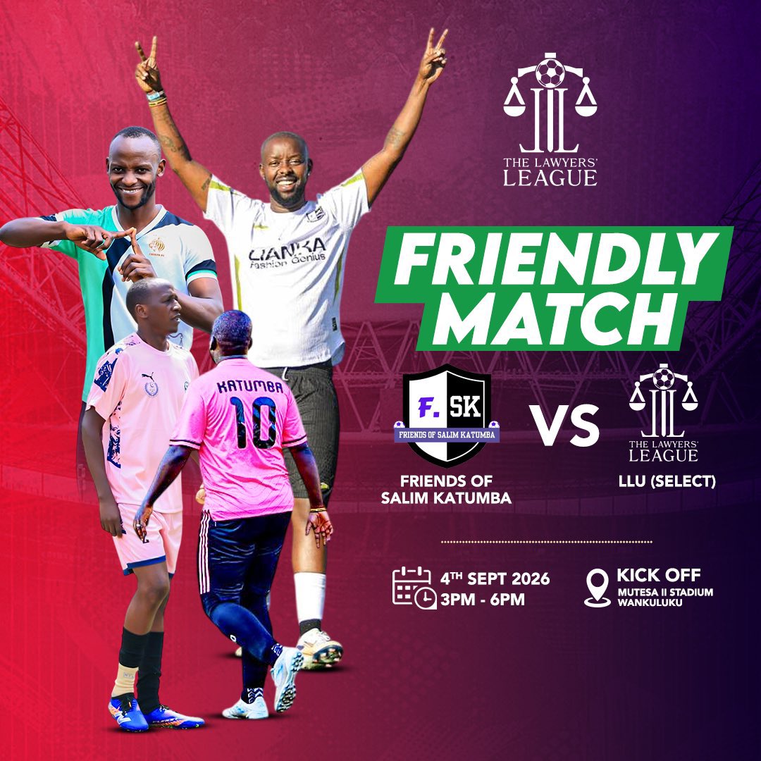 TLawyersLeague's tweet photo. 📌MATCH DAY📌

Friends of Salim Katumba V The Lawyers League Select Team

⏱️3PM
🗓️TODAY
📍Mutesa II Staduim Wankulukuku

🎨@VStudioug 
#TLLVI 
#Preseason https://t.co/vk08LbJ3jV