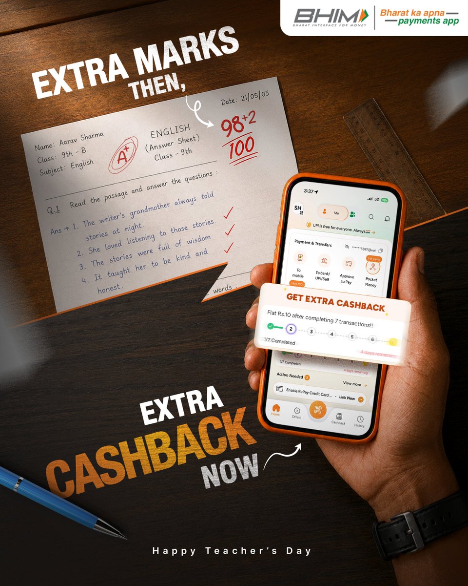 NPCI_BHIM's tweet photo. Different grade, same reward system!

Remember those extra +2 marks on your answer sheet? Consider this your adult equivalent. Make the smart move this Teacher's Day and claim extra Cashback when you pay with the BHIM App📚

Happy Teacher's Day!

#BHIMApp #TeachersDay #Cashback https://t.co/VzL5Q5svKn