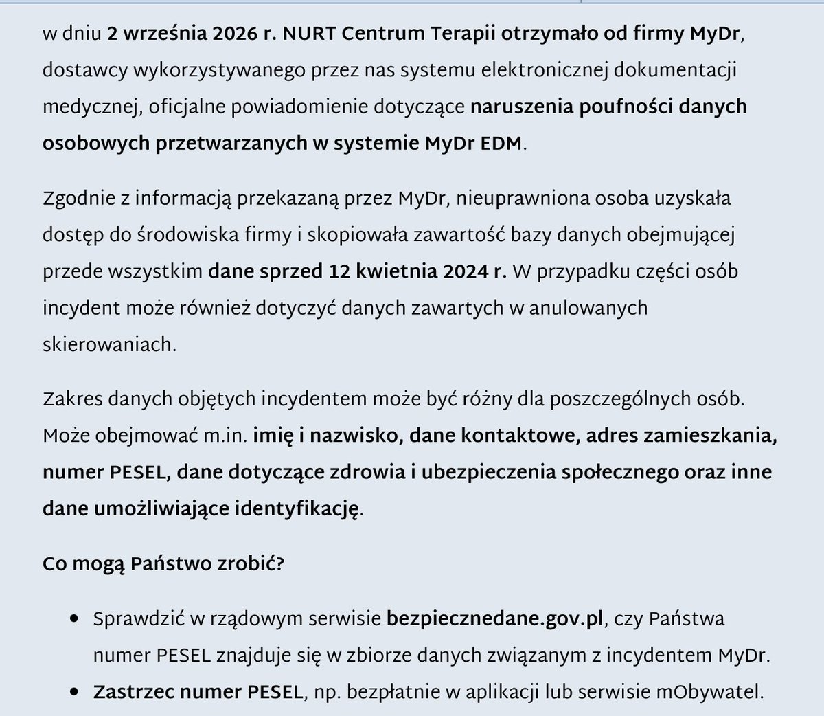 prywatnik's tweet photo. Placówka zajmująca się zdrowiem psychicznym dzieci potwierdza, że dane zdrowotne są dotknięte wyciekiem MyDr. Jest imienna lista ofiar - zostały poinformowane. Zalecenie: zastrzec numer PESEL. Zapewne szczególnie dzieciom to pomoże. https://t.co/XcajQknji8