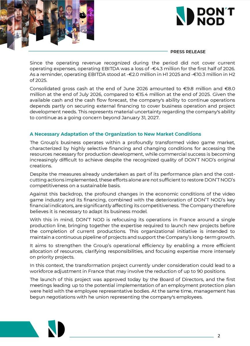 MauroNL3's tweet photo. DON'T NOD results dropped 56% in H1'26 resulting in new reorganisational measures which affects 90 positions in France.

Cash reserves dropped ~50% in the past year causing "material uncertainty regarding the company's ability to continue as a going concern beyond Jan 31, 2027." https://t.co/JsFwB8V5Vf