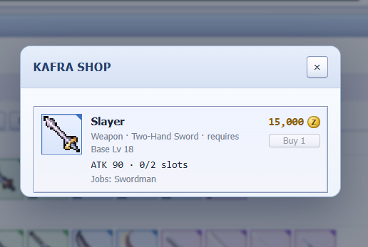 Qazpy84's tweet photo. Finally found the Slayer in Kafra Shop! ⚔️ A two-handed sword with 90 ATK and 2 slots for Swordsman builds. The 15,000 Zeny price feels worth considering for a stronger early-game setup. Excited to keep grinding and see how far this upgrade takes me! @IdleROGame https://t.co/d2tq9kbEdY