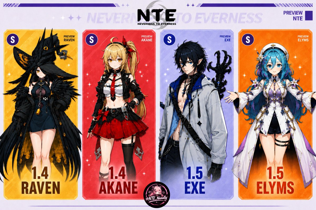 NTE_Nanally's tweet photo. Según filtraciones, estos son los próximos en llegar a NTE. 
 
v1.4  

💛- Raven 
❤️- Akane  

v1.5  

💙- Exe
🧡- Elyms 

¿A quién esperas con más ganas? 👀  

#NTE #NevernessToEverness https://t.co/CF1Qsjp0xv