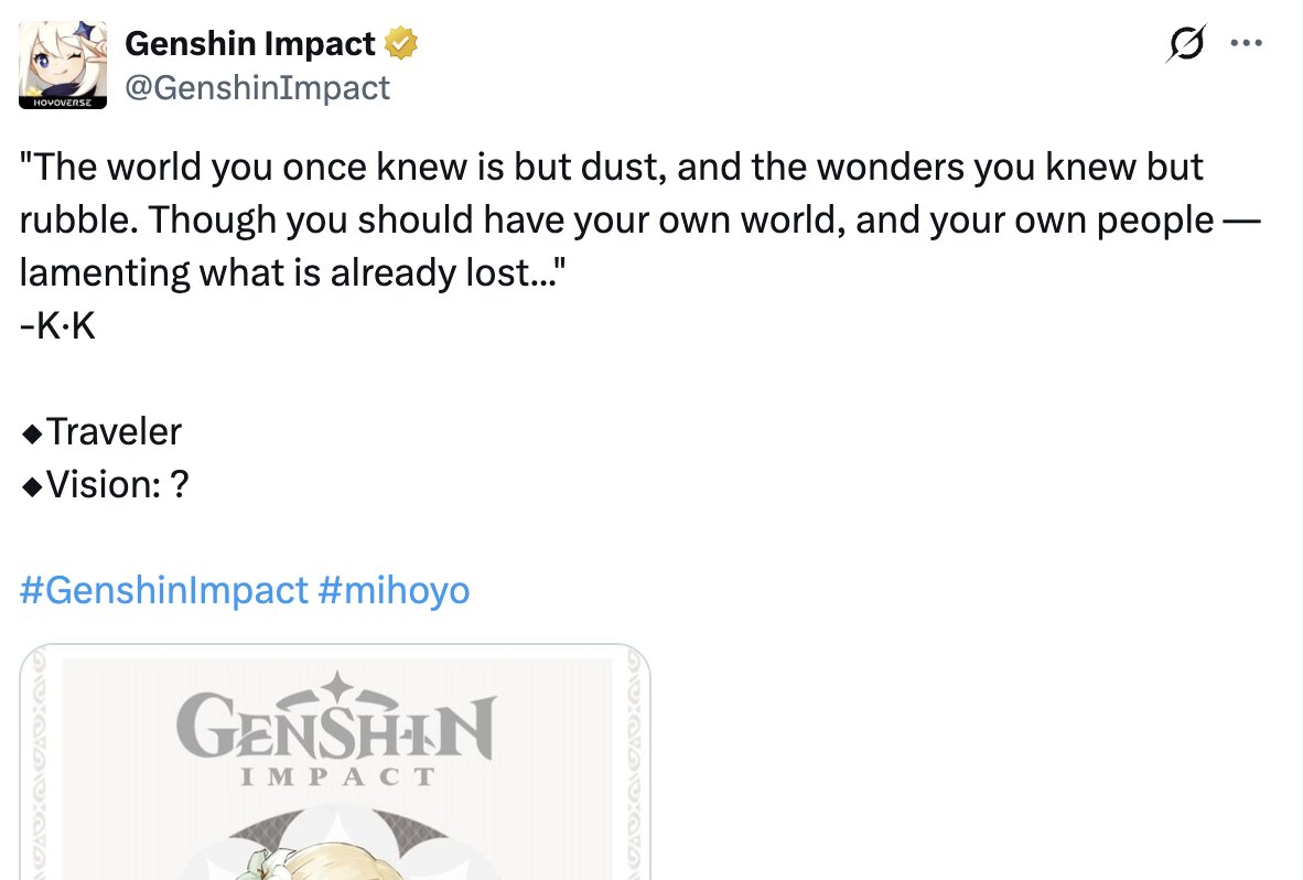 genshinmains_'s tweet photo. 2,600+ days. Still don't know who K.K is. 🤔

#GenshinImpact #Genshin https://t.co/btgO4dYwci