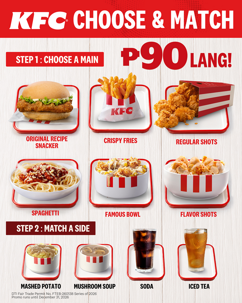 KFCPhilippines's tweet photo. Your ideal KFC meal starts here. Choose a main, match it with a side, and enjoy it all for just ₱90 lang ✨ 

Per DTI Fair Trade Permit No. FTEB-260138 Series of 2026. https://t.co/nU0NnXk5SI