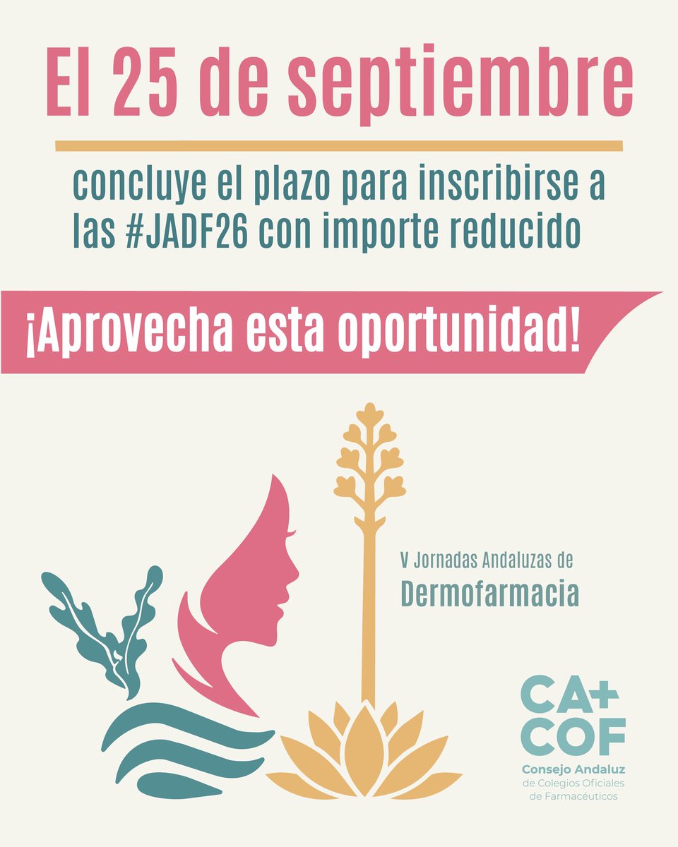 COFCadiz's tweet photo. 📢 El próximo 22 de octubre tienes una cita con las V Jornadas Andaluzas de #Dermofarmacia, que se celebrarán en Almería, organizadas por el @CACOF_. 

📝 Hasta el 25 de septiembre puedes inscribirte a precio reducido. ¡No dejes pasar esta oportunidad!

➡️ https://t.co/iAHPFq6l3T https://t.co/33RrNVnlRm