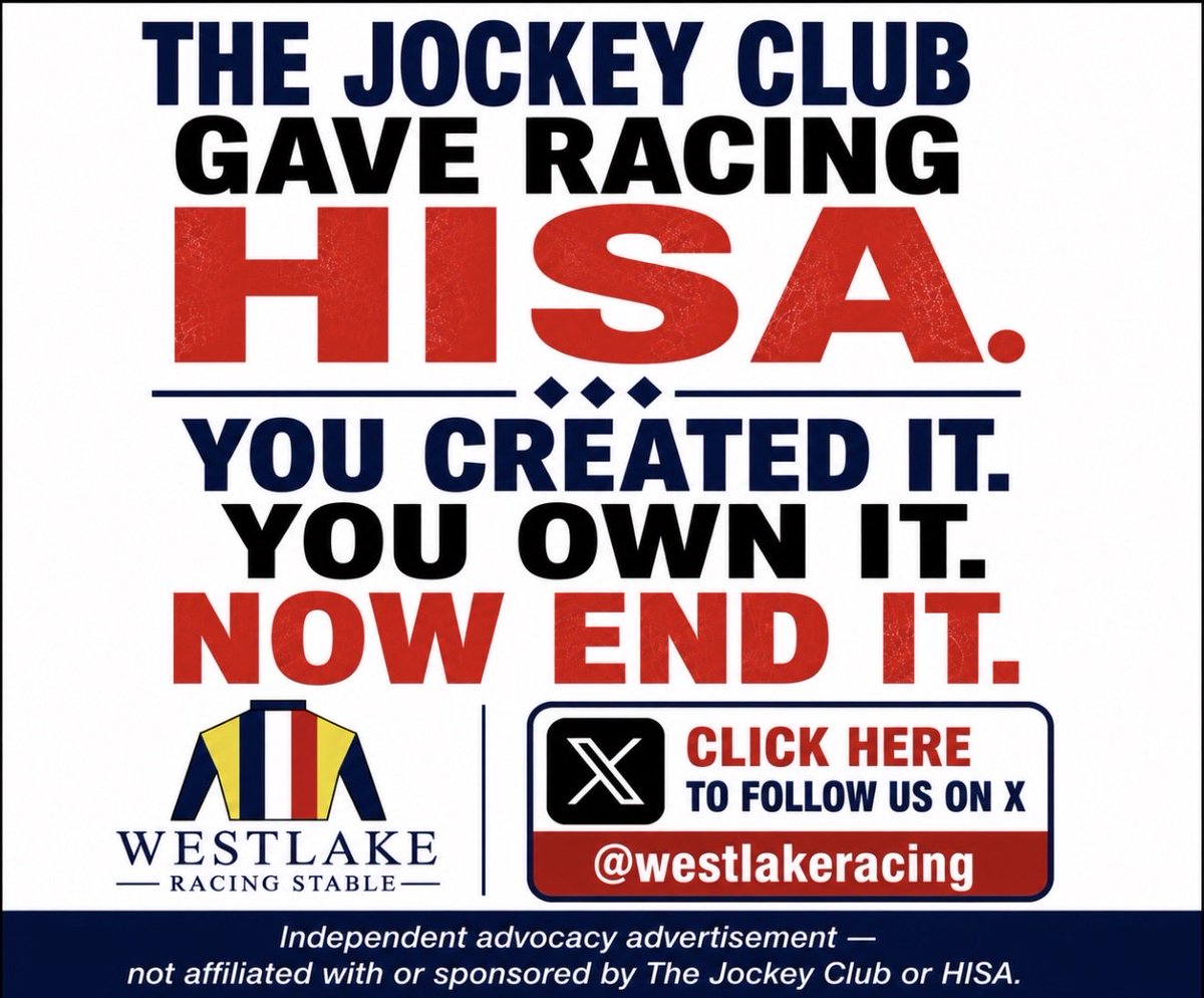 westlakeracing's tweet photo. 🚨THE PUBLIC AWARENESS CAMPAIGN CONTINUES.🚨

This weekend, our advocacy ads (see below) will once again appear in the Daily Racing Form and the Indian Charlie newsletter.

We’re going to keep getting the message out for as long as it takes to make a difference.

Racing’s establishment has had the microphone for decades. It’s time the owners, horsemen, bettors and fans who make up the other 99% have a voice too.

We’re not going away.
We’re not slowing down.

The 99% is alive and well and getting louder.

Please repost and help us keep spreading the message.

REFORM IS COMING. Repost and speak out.
@jockeyclub @hisa_us @LisaLazarusCEO