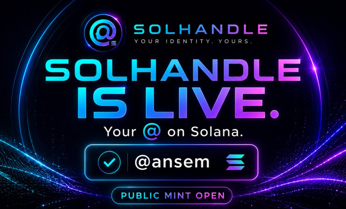 Solhandle's tweet photo. π SOLHANDLE IS LIVE.
Your @ on Solana.
Search it.
Claim it.
Own it in your wallet.
NFT-backed.
No renewals.
Transferable.
Forward + reverse resolution.
Public mint is now open.
π https://t.co/WuD0hQceJz
Secondary market ready on Magic Eden.
#Solana #SolHandle #SolanaNFT #Web3Identity #nfts