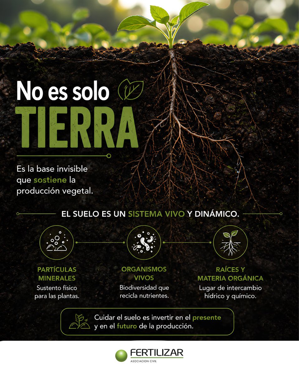 FertilizarAC's tweet photo. El suelo no es simplemente tierra: es un sistema vivo, dinámico y resiliente donde ocurre uno de los procesos más importantes para la producción vegetal. En su estructura interactúan partículas minerales, materia orgánica, agua y organismos vivos que favorecen el crecimiento de las raíces y el intercambio constante de nutrientes.
Comprender esta complejidad es clave para valorar su rol en los ciclos naturales y en la sustentabilidad de los sistemas productivos. Un suelo sano no solo sostiene cultivos: sostiene equilibrio biológico, eficiencia en el uso de recursos y resiliencia frente a los desafíos ambientales.
Cuidar el suelo es invertir en el presente y en el futuro de la producción.
👉 Conocé más sobre la importancia de la salud del suelo y las buenas prácticas de manejo en nuestro sitio web:
https://t.co/yG3Ck0M1Wn