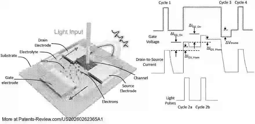 PatentPulse's tweet photo. ๐ New patent application #US20260262365A1 by #PurdueResearchFoundation unveils an #IntelligentVisionSystem. This system uses a training array of photonic-organic electrochemical transistor (POECT) devices with a unique memory feature activated by light exposure. Each POECT includes a substrate with a gate, drain, and source, forming a channel with a photoactive layer. The system compares images using a discriminator to signal matches or mismatches.
#Photonics #Electrochemistry #AI #Innovation