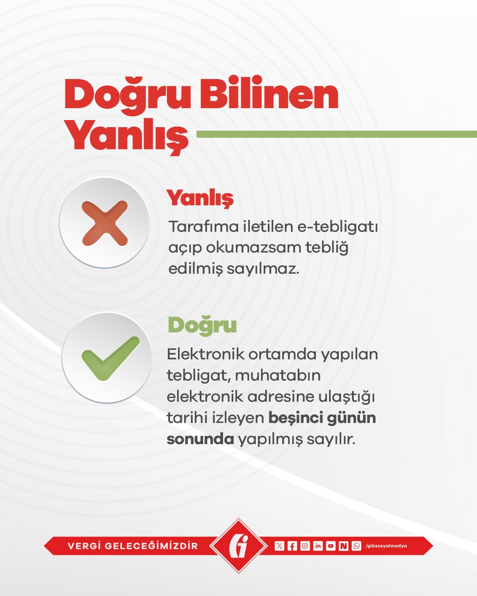 gibsosyalmedya's tweet photo. 🎯Elektronik ortamda yapılan tebligat, muhatabın elektronik adresine ulaştığı tarihi izleyen beşinci günün sonunda yapılmış sayılır.

📞Ayrıntılı bilgi için VİMER’i (189) arayabilirsiniz.

#GİB #VergiGeleceğimizdir https://t.co/IZGY382YA3