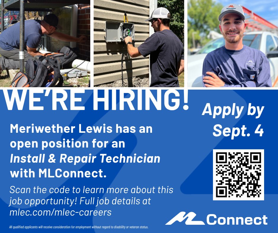 MLConnectLLC's tweet photo. Today is the deadline but there's still time to apply! We have an opening for an Install/Repair Tech with MLConnect and would love to have you join our team! Learn more about the position by scanning the code or visit https://t.co/hO1O6zDojb and click View MLConnect Job Openings. https://t.co/8DrOAAQIQi