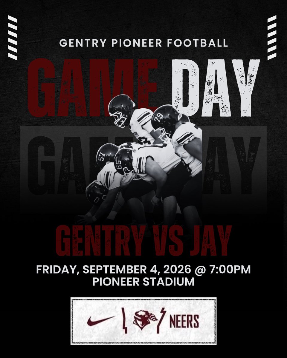 GentryPioneerFB's tweet photo. Game Day!!!                                                           Come out and watch the Pioneers take on Jay!                                 

🗓️9/4/26 
⏰7:00pm 
🏟️Pioneer Stadium

#GoNeers #FITE #pioneers https://t.co/H8DlLfgYBR