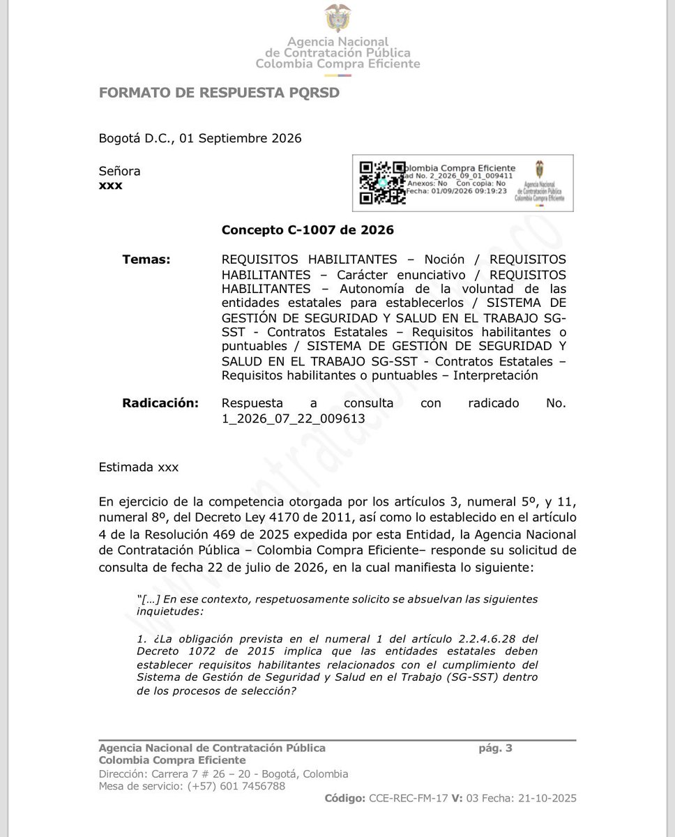 A_PeraltaR's tweet photo. 1/8🧵 La Agencia Nacional de Contratación Pública —@colombiacompra — analizó si las entidades estatales están obligadas a exigir el cumplimiento del SG-SST como requisito habilitante o criterio de evaluación dentro de los procesos de selección, a partir de los artículos 2.2.4.6.4 y 2.2.4.6.28 del Decreto 1072 de 2015.

Como problema jurídico estableció, si  ¿la regulación del SG-SST obliga a las entidades estatales a incluir requisitos relacionados con su implementación en todos los procesos de contratación o, por el contrario, su incorporación constituye una facultad discrecional sujeta a justificación?