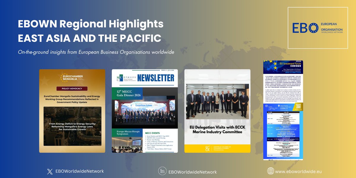 EBOWWN's tweet photo. EBOs in East Asia Pacific: 🇦🇺 Trade &amp; innovation | 🇨🇳 Business dialogue | 🇭🇰 Strategic growth | 🇯🇵 Economic security | 🇰🇷 Maritime cooperation | 🇲🇴 Partnerships | 🇲🇳 Energy | 🇳🇿 Economic outlook | 🇹🇼 AI &amp; semiconductors https://t.co/nBB9TgBj1P