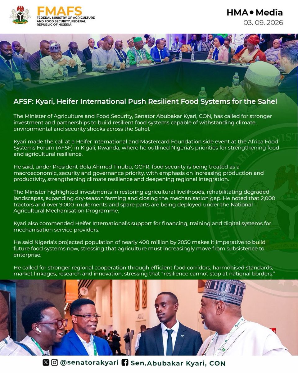 SenatorAKyari's tweet photo. At the Africa Food Systems Forum in Kigali, I joined Heifer International and the Mastercard Foundation to discuss building resilient food systems across the Sahel.

Under President Bola Ahmed Tinubu, GCFR, Nigeria is strengthening food security through increased production, climate resilience, mechanisation and regional cooperation.

With 2,000 tractors and over 9,000 implements and spare parts being deployed, we are closing the mechanisation gap and moving agriculture from subsistence to enterprise.

Resilience cannot stop at national borders. Stronger partnerships, regional food corridors, market linkages, research and innovation are critical to securing our shared food future.