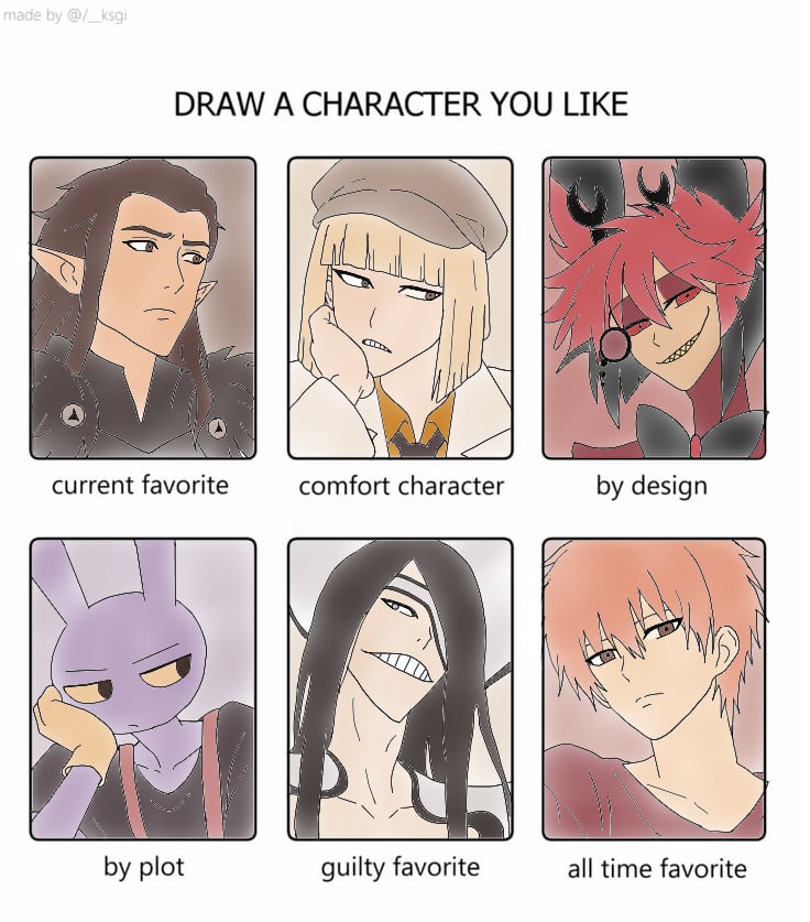 Hanabibiche's tweet photo. #draw a character you like #template #myart #vaxildan #shinji #alastor #jax #nnoitra #kyo https://t.co/VcKBNdZddF