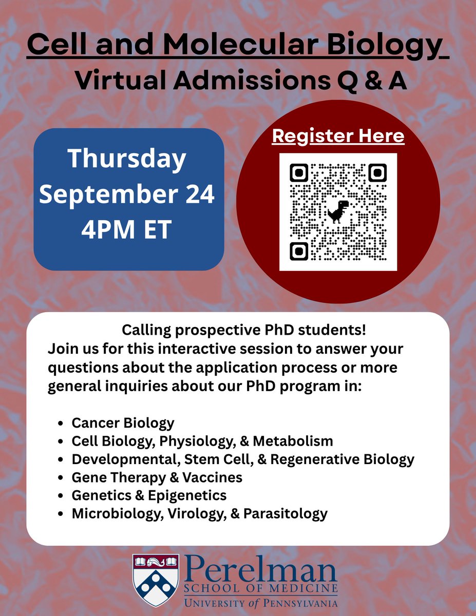 CAMBUpenn's tweet photo. Join us for a CAMB Virtual 👩‍💻 Admissions Q&amp;A for prospective PhD students! 🙋‍♂️September 24th at 4pm. Link 🔗  to register via the QR code. https://t.co/m8opok1UuY