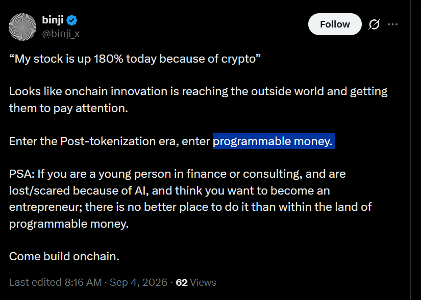 kingrodger_'s tweet photo. NEXT MIM for robinhood?

binji(followed BY EVERYONE ON CT) just said that we are now in an era of Internet Programable Money - LITERALLY IPM

he explains how stocks and crypto are becoming intertwined EESPECIALLY MEMESTOCKS

HELLO?

IPM - Internet Programmable Money

https://t.co/CUtThegErm