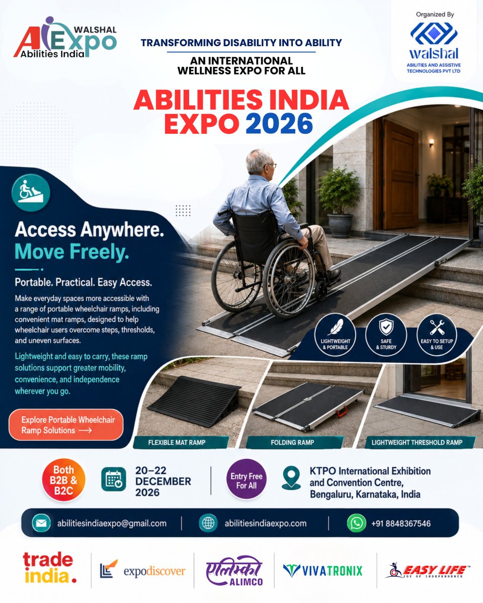 AbilitiesIndia's tweet photo. ♿ Access Anywhere. Move Freely.

Discover portable wheelchair ramps—from mat &amp; folding ramps to telescoping &amp; threshold solutions—designed to make everyday access easier.

📅 20–22 Dec 2026
📍 KTPO, Bengaluru
🎟️ Entry Free
#AbilitiesIndiaExpo2026 #WheelchairRamps #Accessibility https://t.co/PrntbKGZH1