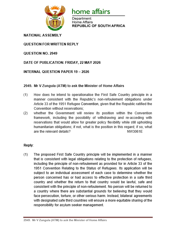 ATMovement_SA's tweet photo. The Minister of @HomeAffairsSA has confirmed that the First Safe Country principle will be pursued, including through bilateral agreements with designated safe third countries.

However, our proposal to review South Africa’s position within the Refugee Convention framework has been rejected.

South Africa can uphold genuine humanitarian obligations without allowing weaknesses in the asylum system to undermine immigration control. Protect those genuinely fleeing persecution but close the loopholes that allow the system to be abused.

We will continue pushing for an immigration system that is humane, firm and puts South Africa’s national interests first.