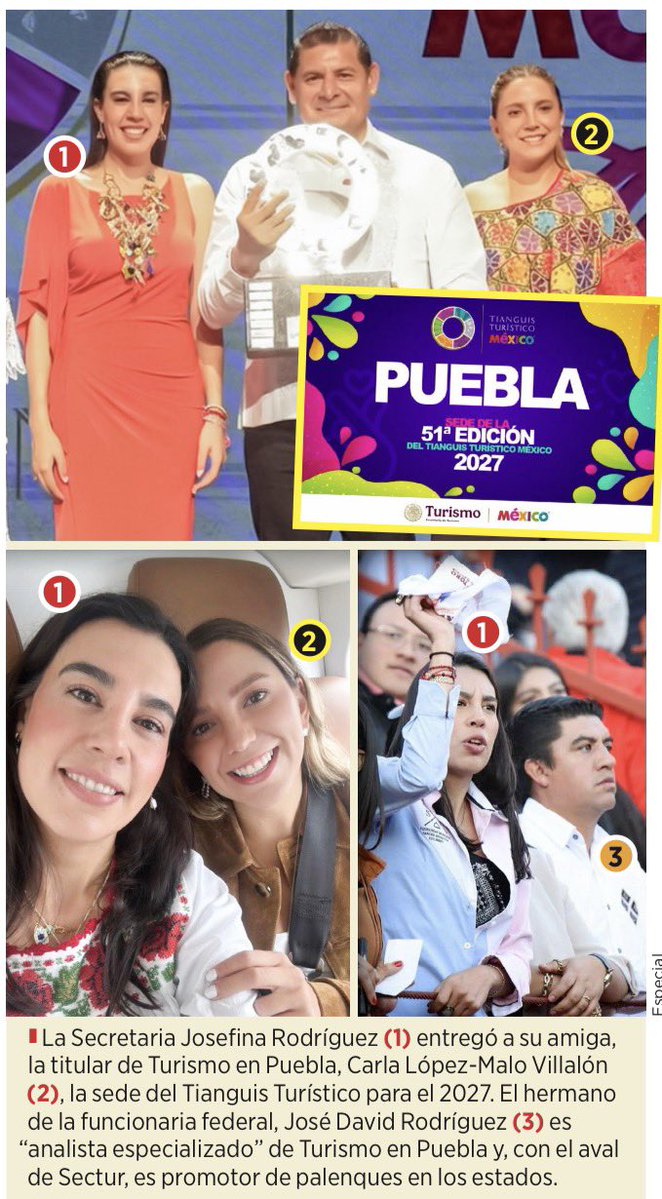 JJDiazMachuca's tweet photo. TURISMO EN FAMILIA: LA HERMANA EN EL GOBIERNO FEDERAL, LA AMIGA EN PUEBLA Y EL HERMANO HACIENDO NEGOCIOS

Josefina Rodríguez Zamora (@josefinarodzam), secretaria de Turismo federal (@SECTUR_mx), tiene a su hermano José David Rodríguez Zamora trabajando como “Analista Especializado Consultivo A” en la Secretaría de Desarrollo Turístico de Puebla.

¿Y quién es su jefa?

Carla López-Malo Villalón, amiga de Josefina.

Ahora viene lo bueno:

Puebla, gobernado por Alejandro Armenta (@armentapuebla_), obtuvo la sede del Tianguis Turístico 2027, un evento que implica una bolsa de más de 200 millones de pesos para organización, patrocinios y contratos.

José David participará en la organización del encuentro.

Pero todavía hay más.

El hermano de la secretaria también es promotor de peleas de gallos y habría realizado gestiones ante gobiernos estatales, presentándose a nombre de la Secretaría de Turismo federal, para conseguir sedes y patrocinios para Mega Derby Intercontinental.

La hermana encabeza Turismo federal.
La amiga, Turismo de Puebla.
El hermano trabaja ahí, participa en la organización del Tianguis y además promueve un negocio privado ante gobiernos.

Gobernador Armenta: todo esto está ocurriendo dentro de su administración.

¿Turismo o negocio familiar?

¿Quién está vigilando este posible conflicto de interés?