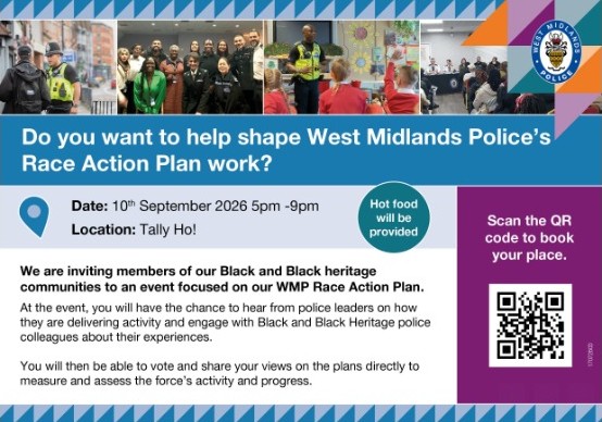 CatalystHubWM's tweet photo. Black &amp; Black Heritage Community - WMP Police and Race Action Plan

Join @WMPolice to hear how they are delivering the Police Race Action Plan (PRAP), and have your say on the progress.

This event is organised and hosted by West Midlands Police.
https://t.co/86rwbSKdiF https://t.co/SUMkCZ5sH7