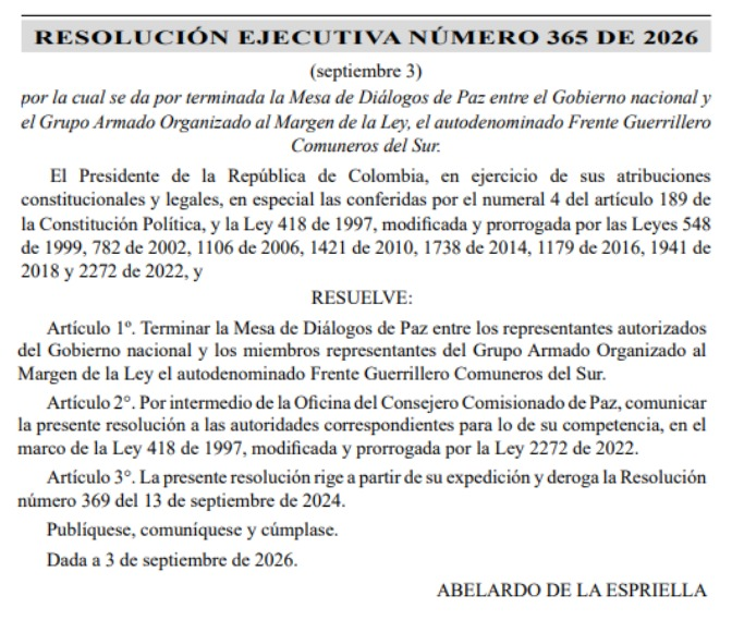 BluRadioCo's tweet photo. #EnDesarrollo El presidente Abelardo De La Espriella emitió resoluciones en las que pone fin a los nombramientos de los representantes en las mesas de diálogo que inició el gobierno de Gustavo Petro con los Comuneros del Sur, disidencias del ELN y con los llamados 'Combos' de Medellín.