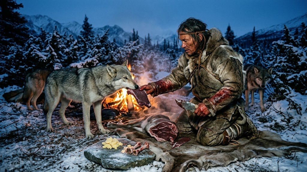 SamaHoole's tweet photo. The dog exists because our ancestors kept killing animals they could not finish, and the part they could not eat was the lean.

Every archaeological site from the Pleistocene with dog or proto-dog remains in it sits in what was, at the time, an arctic or subarctic environment. That is the first fact. The second is that a human liver can only clear so much nitrogen. Push much past 35 to 40 per cent of your energy from protein and the ammonia backs up faster than you can turn it into urea, and you get headaches, then nausea, then weakness, then something considerably worse.

Put those together in a northern winter between 29,000 and 14,000 years ago. The game is horse, moose, reindeer. By midwinter those animals have burned their fat off and are close to pure muscle. There are no carbohydrate plants left to speak of. A hunter needs fat and there is barely any, so he kills more animals to get at what fat there is, and every carcass leaves behind a mountain of lean meat he physically cannot metabolise.

A wolf has no such ceiling. A wolf will run on lean meat for months and be perfectly content on it. The two species were hunting the same animals, in the same country, entirely capable of killing each other, and eating them differently.

So a Finnish team ran the energy numbers on the prey species and found exactly what the constraint predicts: a surplus of animal protein that cost the humans nothing to hand over. Wolf pups taken as pets normally become competitors, because in a hard winter people feed themselves before their animals. In this one case the competition disappears, because the thing the pup wants is the thing the human cannot use.

Feed the pups for a few generations and you have dogs. Then you have hunting companions, pack animals, guards, and a species that reshaped itself alongside us.

It is a hypothesis and it is argued over, and the mechanism underneath it is not argued over at all. The protein ceiling is real, it is in every physiology textbook, and it is the reason lean meat alone kills people.

There is a tidiness to that which is hard to walk away from. The most successful interspecies partnership in the history of the planet, resting on the fact that a man cannot eat as much lean meat as a dog can.

We took the fat. We handed the chicken breast to the wolf. He was grateful, and he is still in the room with you.