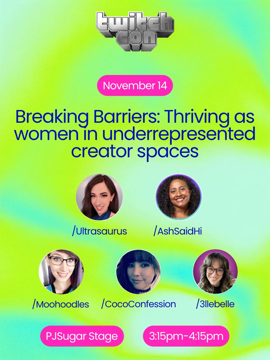 UltrasaurusTv's tweet photo. Excited to announce that I'll be a speaker on a @TwitchCon panel dedicated to uplifting women in underrepresented creator spaces. The women on this panel are amazing and are incredibly inspiring creators on Twitch. 

This panel is for anyone and everyone so mark it on your calendar, we would love to see you there! @ashsaidhi @Moohoodles @CocoConfession @3llebelle