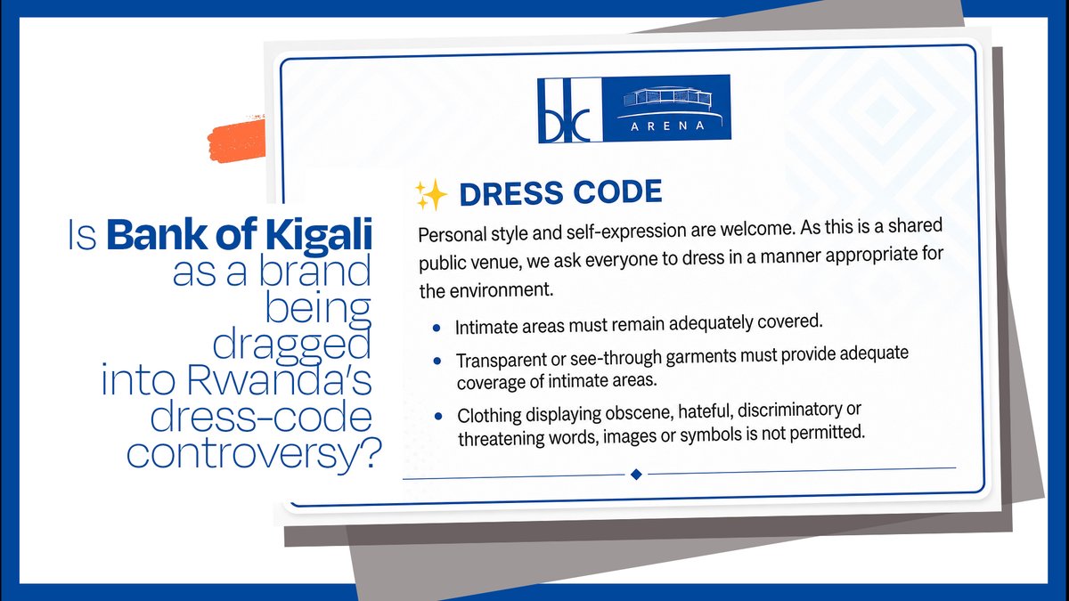 BrandsInRwanda's tweet photo. Is @BankofKigali, as a brand being dragged into Rwanda’s dress-code controversy?

Rwanda’s dress-code debate has now brought @bkarenarw into a broader conversation about personal freedom, public decency, and cultural expectations.

BK Arena has issued an advisory ahead of future shows. The arena’s advisory may have been meant to clarify entry requirements, but the “BK” name is now part of the public discussion. That is the risk of naming-rights deals: brands get the attention when things go well, but they can also get caught in the backlash when controversy arises."

For Bank of Kigali, the issue may not be the dress code itself. The bigger concern is what people begin to associate with the BK brand. A financial institution that has positioned itself around youth, entertainment, and lifestyle needs to be careful about how its name appears in sensitive public debates.

And social media rarely makes these distinctions neatly. The conversation can quickly move from: “BK Arena has a dress code” to “BK is policing what women wear.”

That second interpretation is considerably more damaging to a financial-services brand whose core business is banking. Naming rights do more than create visibility. They create association, which can help or hurt a brand.

#BKArena
#RwandaDressCode
#BrandReputation
#BrandMan