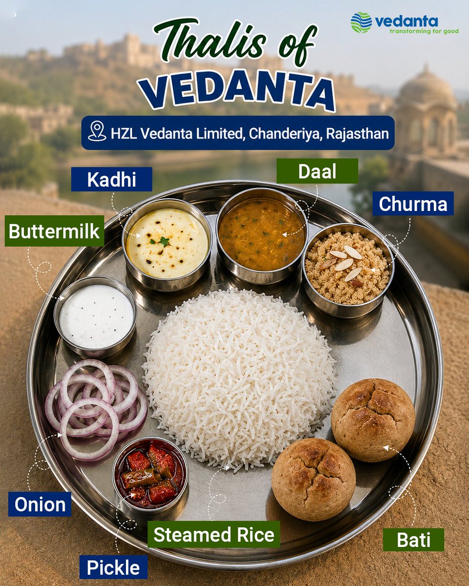 Vedanta_Group's tweet photo. A taste of Rajasthan, served with wholesome nourishment.

This #NutritionWeek, #ThalisOfVedanta continues its journey across our locations, celebrating the meals served to thousands of employees.

Second stop: @Hindustan_Zinc_ | Chanderiya Canteen, where hearty dal-baati and refreshing buttermilk come together in a wholesome thali.

Local flavours. Balanced nutrition. Fuel for the day.

#NutritionWeek #ThalisOfVedanta #Vedanta #HindustanZinc #Rajasthan #Wellbeing #TransformingForGood