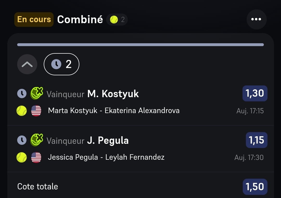 MattPronos_'s tweet photo. Mini montante Jour 6 :

Pegula ML &amp; Kostyuk ML 1.50

1499 € —> 2249 €⏳

#TeamParieur https://t.co/zrxxcWwfSe