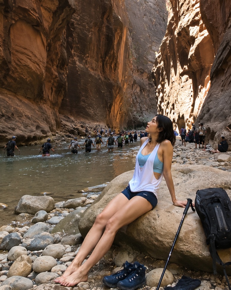 RaleighHaezk's tweet photo. By the end, I stopped caring about wet shoes. If there’s water, I’m in; if it’s pretty, I’m taking a photo. The Narrows makes you stop every few steps. Water, sun, and doing nothing—summer should feel like this. Day 14, Zion National Park https://t.co/oBPa1KAVG1