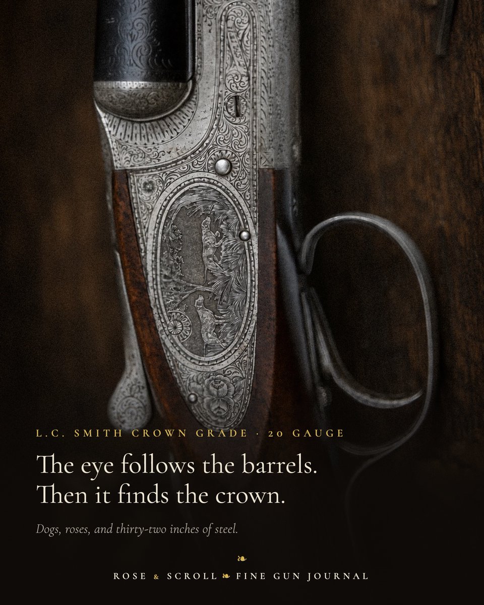 roseandscroll's tweet photo. Published figures put 862 L.C. Smith Crown Grades against 199,384 Field Grades. One hundred forty-five of the Crowns were twenties. This is one of them, in nine frames. From "A Crown Drawn Long," Rose &amp; Scroll Fine Gun Journal. https://t.co/MWjEbxLKai