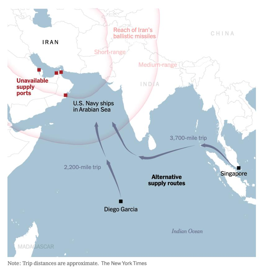 IRAN_GHANA's tweet photo. The US Navy's pantry was Bahrain. Now it's a crater. The neighbouring ports have also discovered the word 'unavailable' and they like it.

Tomatoes now travel 2,200 miles from Diego Garcia. Eggs, 3,700 from Singapore. Eight million gallons of fuel a week just to keep the floating circus strategically stationary.
All of it so 20,000 armed sea cucumbers get fed slop that has seen more of the world than they have.

If this is victory, defeat must be free Uber Eats for life.